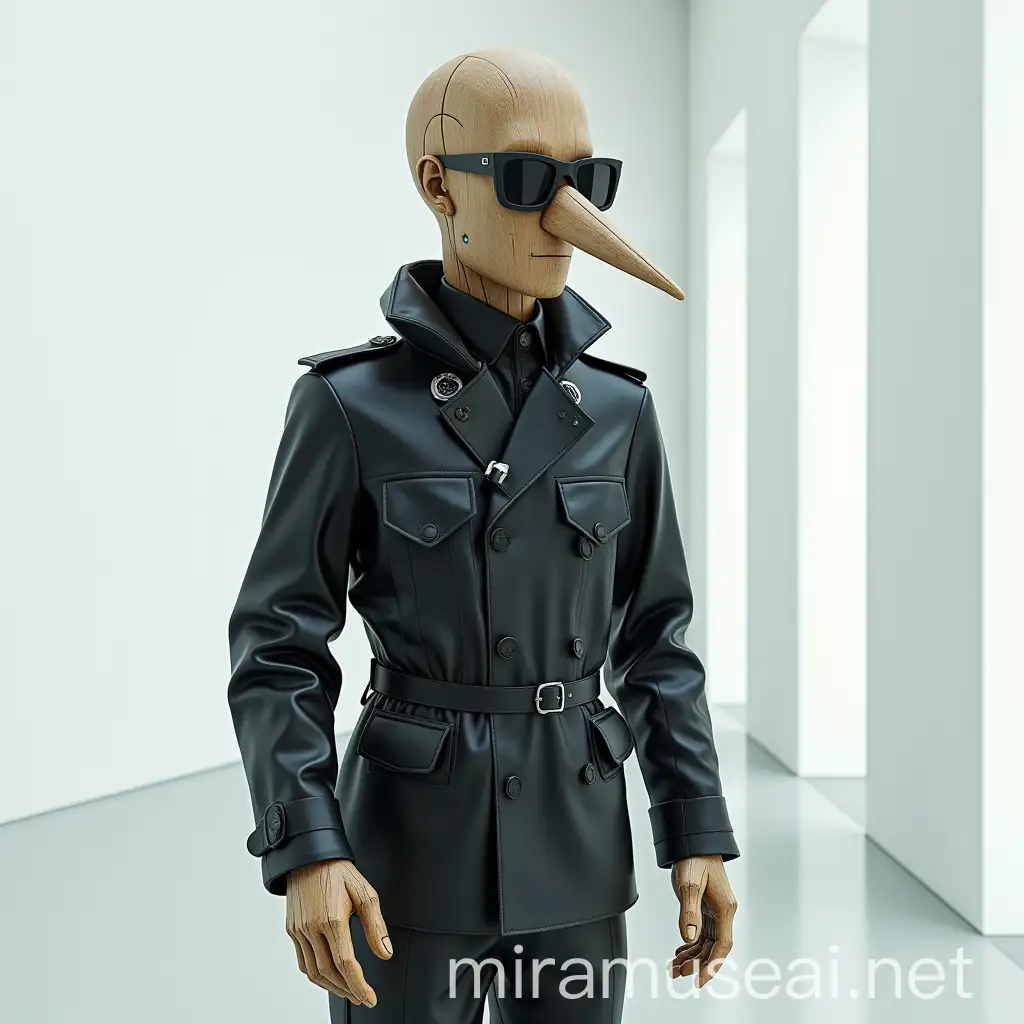 Cyberpunk Pinocchio Model Pose in White Fashion Show Room