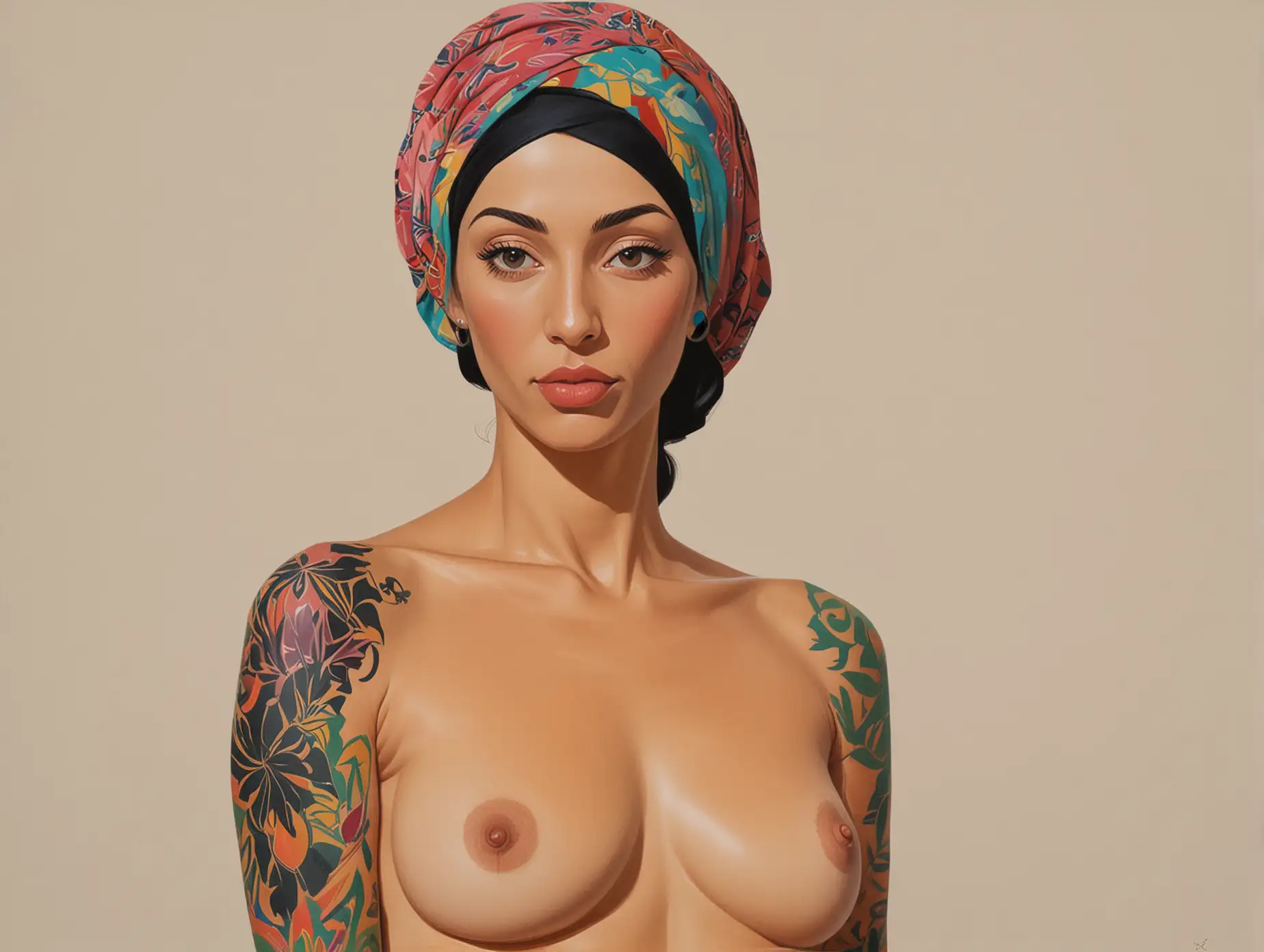 Colorful-Tattoos-on-a-Nude-Muslim-Woman-Inspired-by-Alex-Katzs-Style