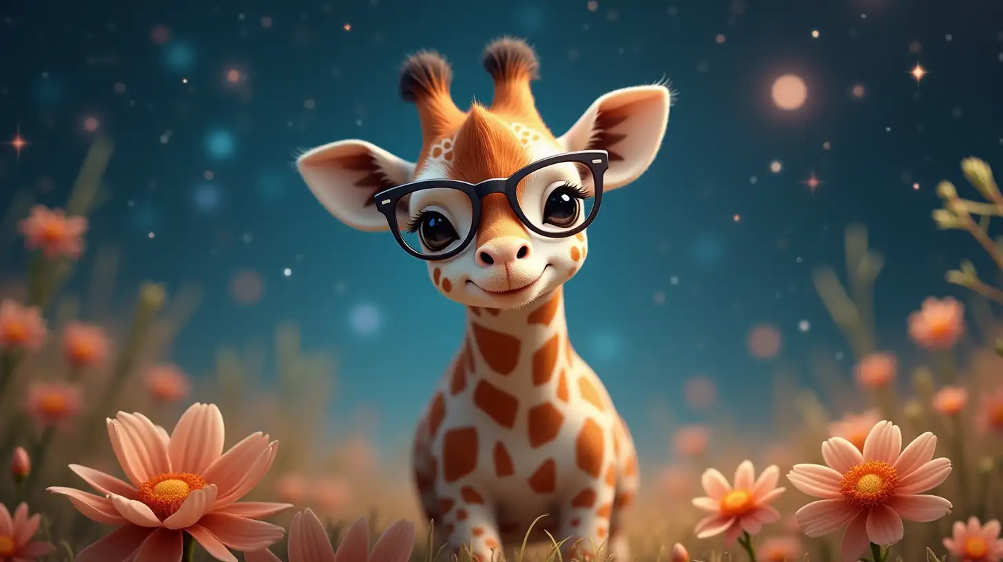 Adorable Baby Giraffe Wearing Glasses Among Stars and Flowers in Space