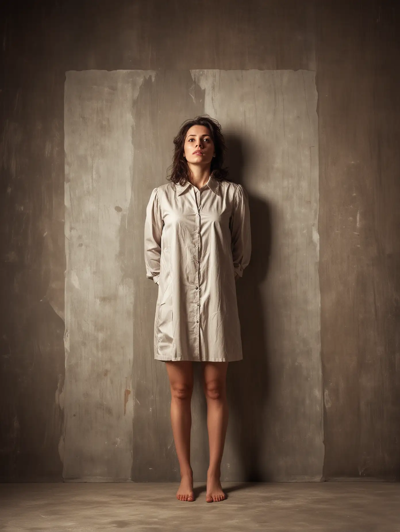 A photograph of a Woman with, wakeup, standing against a abstract background background, in the style of surrealist photography, theater influence, strong spot light