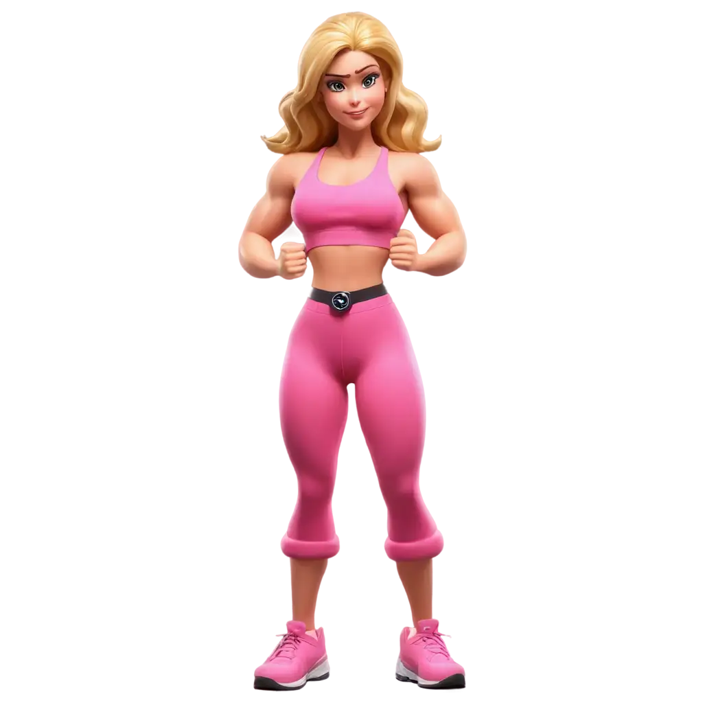 Blonde-Muscular-Cartoon-Girl-in-Pink-Gym-Outfit-PNG-Image-with-Dumbbells-and-Weights