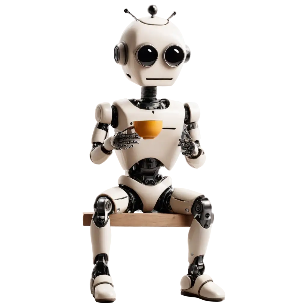 a  robot al image is with drinking tea sitting on wooden box