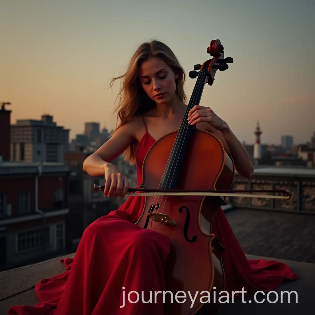 Girl-in-a-Red-Dress-Playing-Cello-on-a-Rooftop-at-Dusk