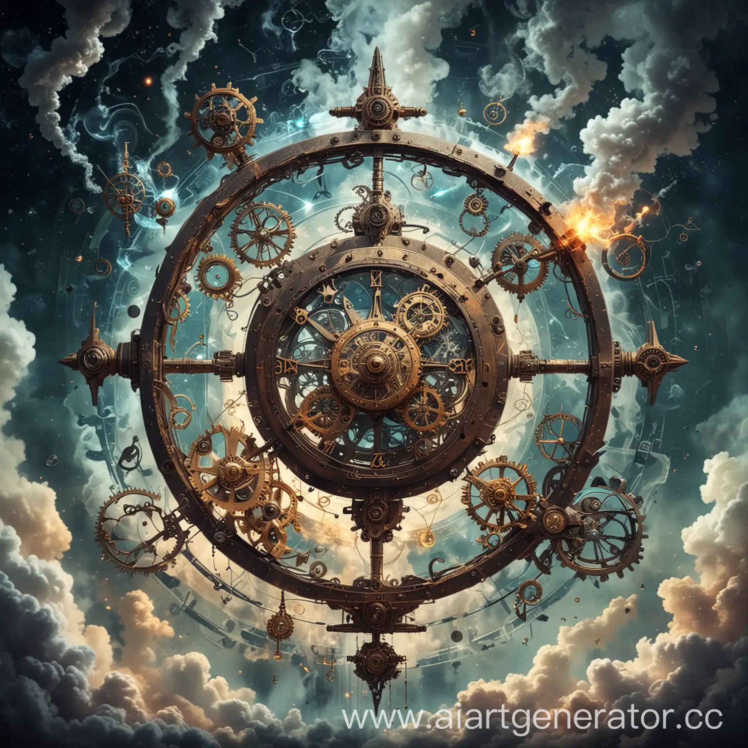 Draw clockwork mechanisms that float in the air and around them dance magical creatures, mathematical symbols, smoke from magical energy and mystical symbols. Against the background of an abstract universe.