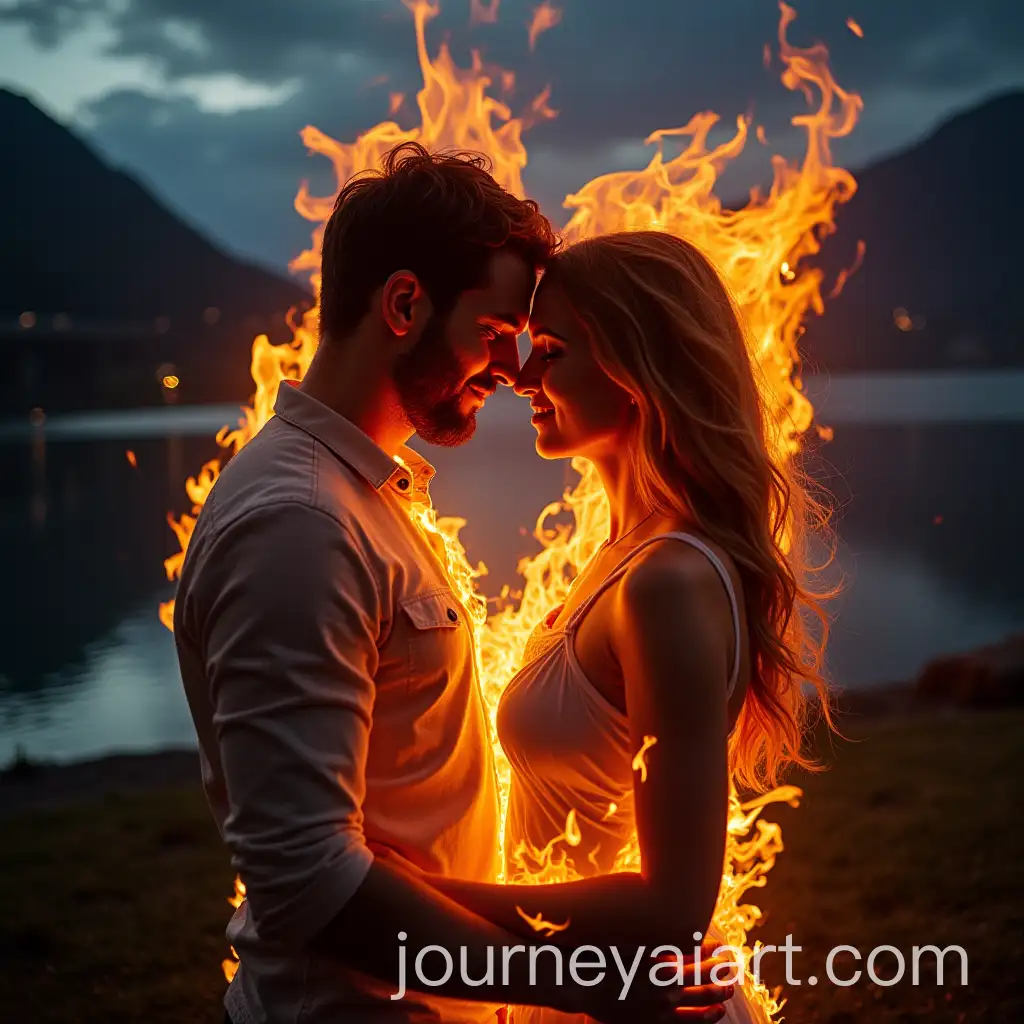 Romantic-Couple-Embraced-by-Vibrant-Flames-in-Serene-Night-Landscape