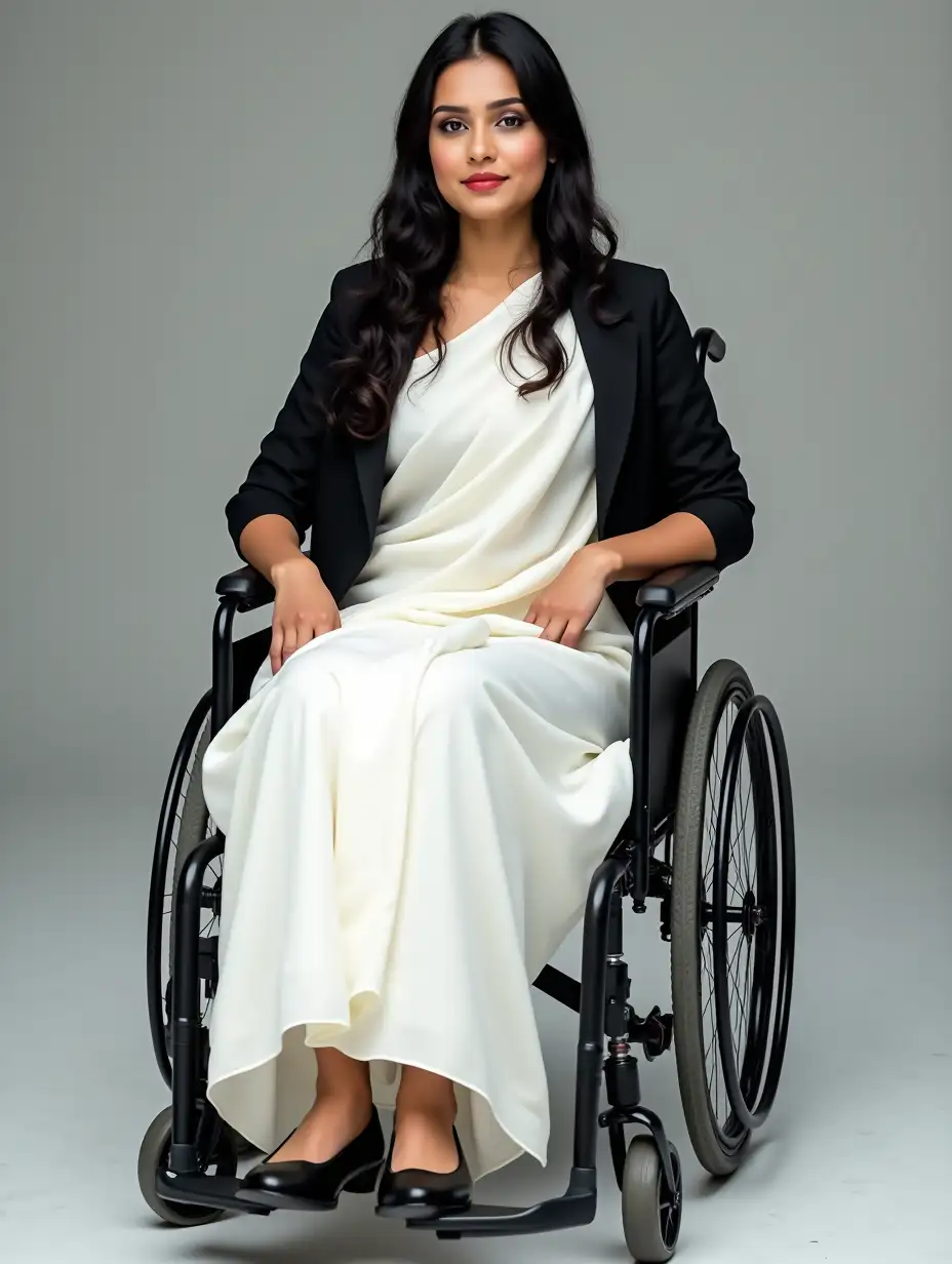 A young office going woman sitting in a wheelchair. She is wearing white saree in bengali style and a black coat over the saree. The used light color lipstick. Her hair is long and black. She is wearing formal polished black shoes and her legs are gently placed on the footrest of the wheelchair. Her skin colour is fair and glowing. She is looking very beautiful. Her image should be clearly visible from head to feet.