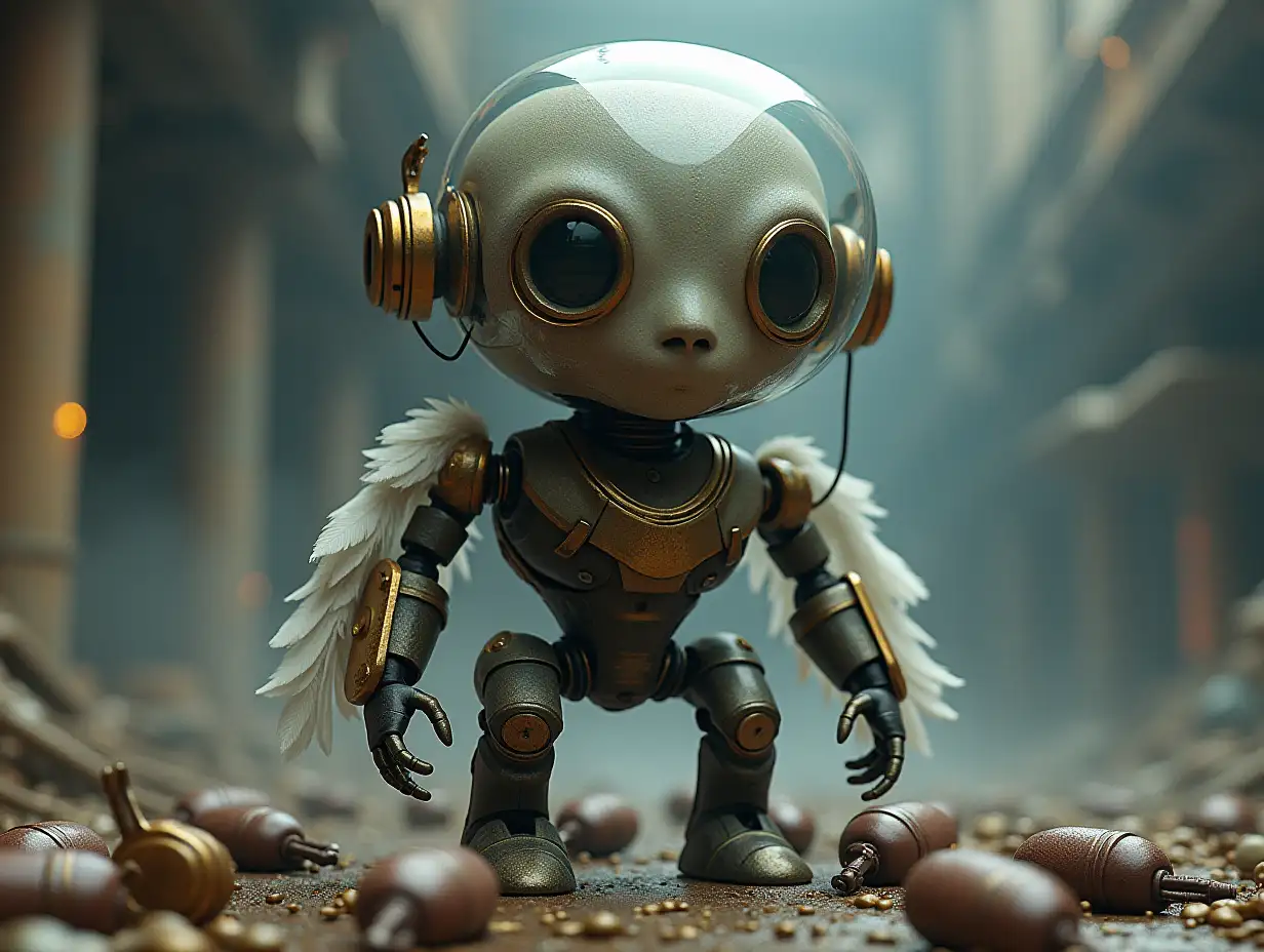 Create a high-resolution, realistic image of artificial intelligence Robert, 15 meters tall, with eyes, arms, and legs, with feathers on the cheeks and a glass helmet with a glass brain, screws made of gold and many grenades on the floor, in the middle of an alien scene in 4k resolution.