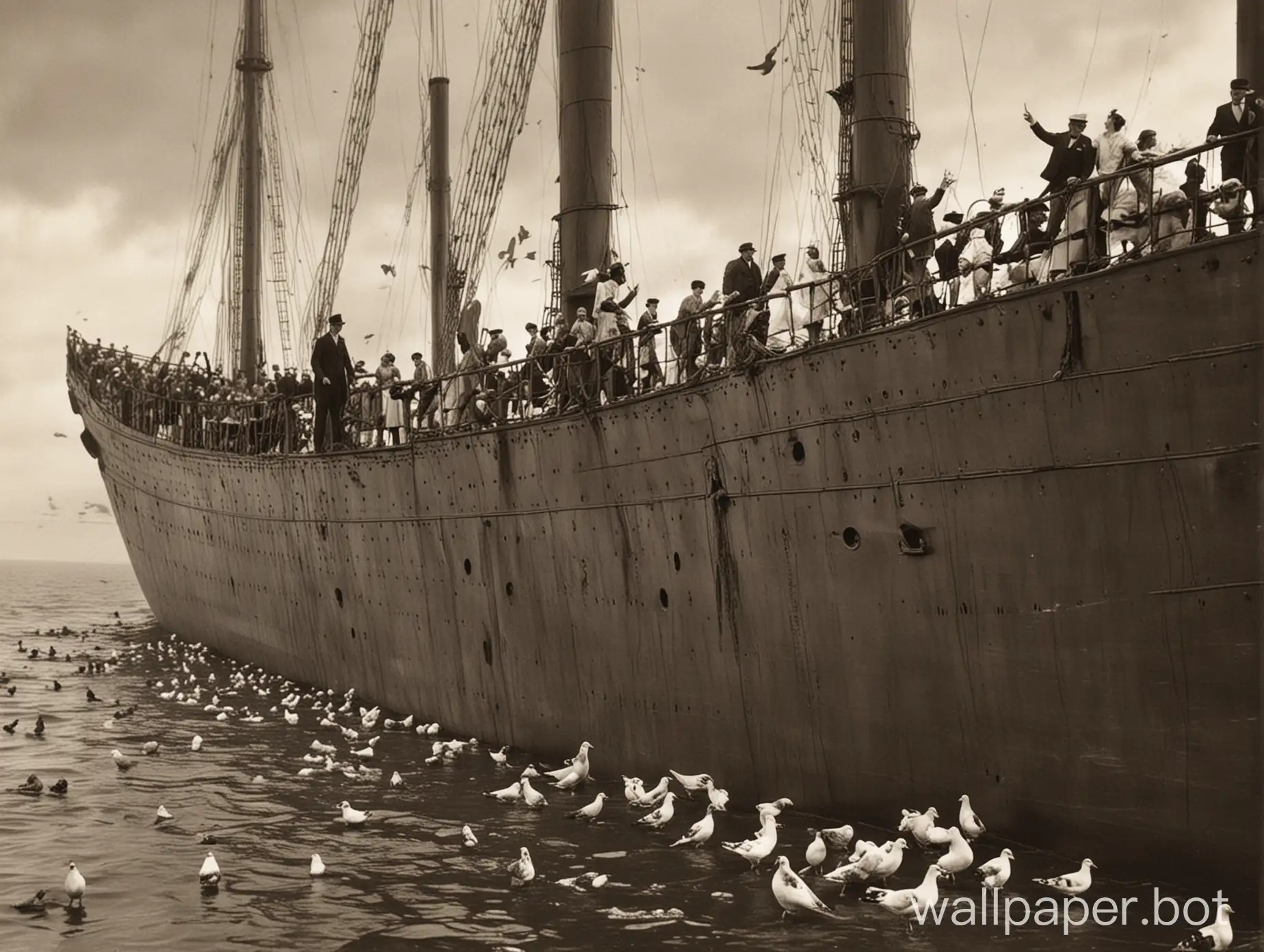 man and woman standing on prow of sinking Titanic when flock of pigeons standing on deck and watch them