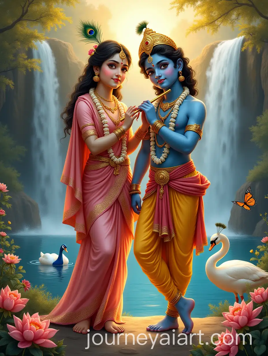 Radha-and-Krishna-Divine-Couple-with-Waterfall-and-Peacock