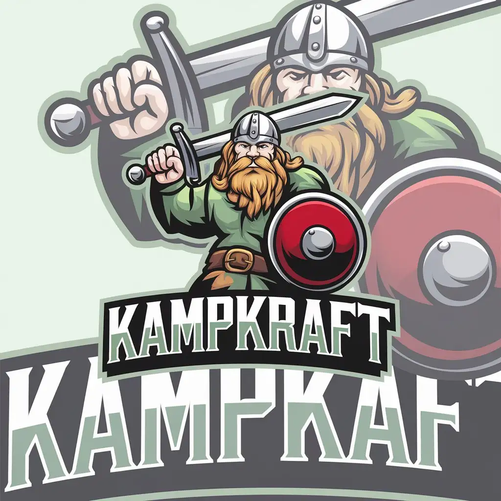 LOGO Design for KAMPKRAFT Viking Mascot with Sword and Shield in Mineral Green Medium Candy Apple Red Black and White