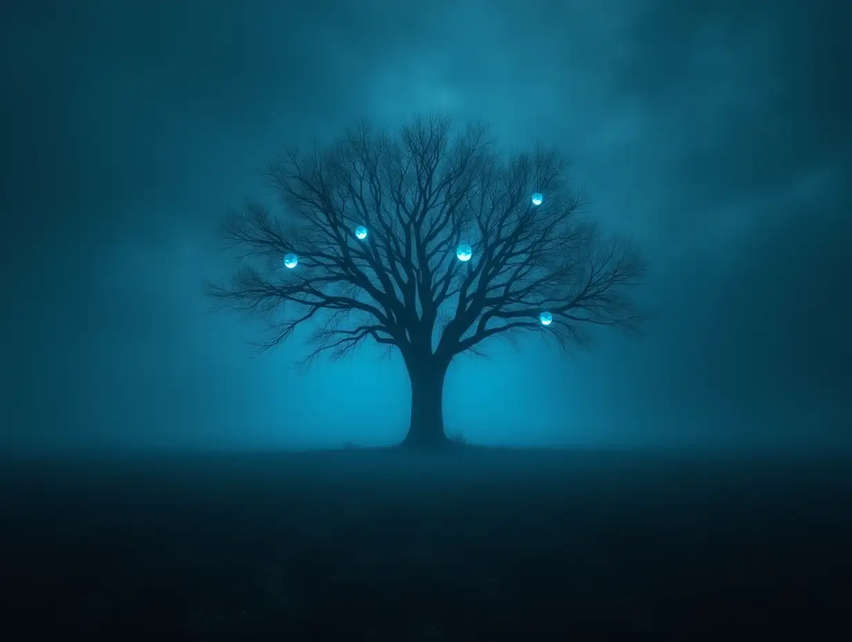 Mysterious-Blue-Tree-with-Enigmatic-Faces-in-an-Abandoned-Foggy-Field