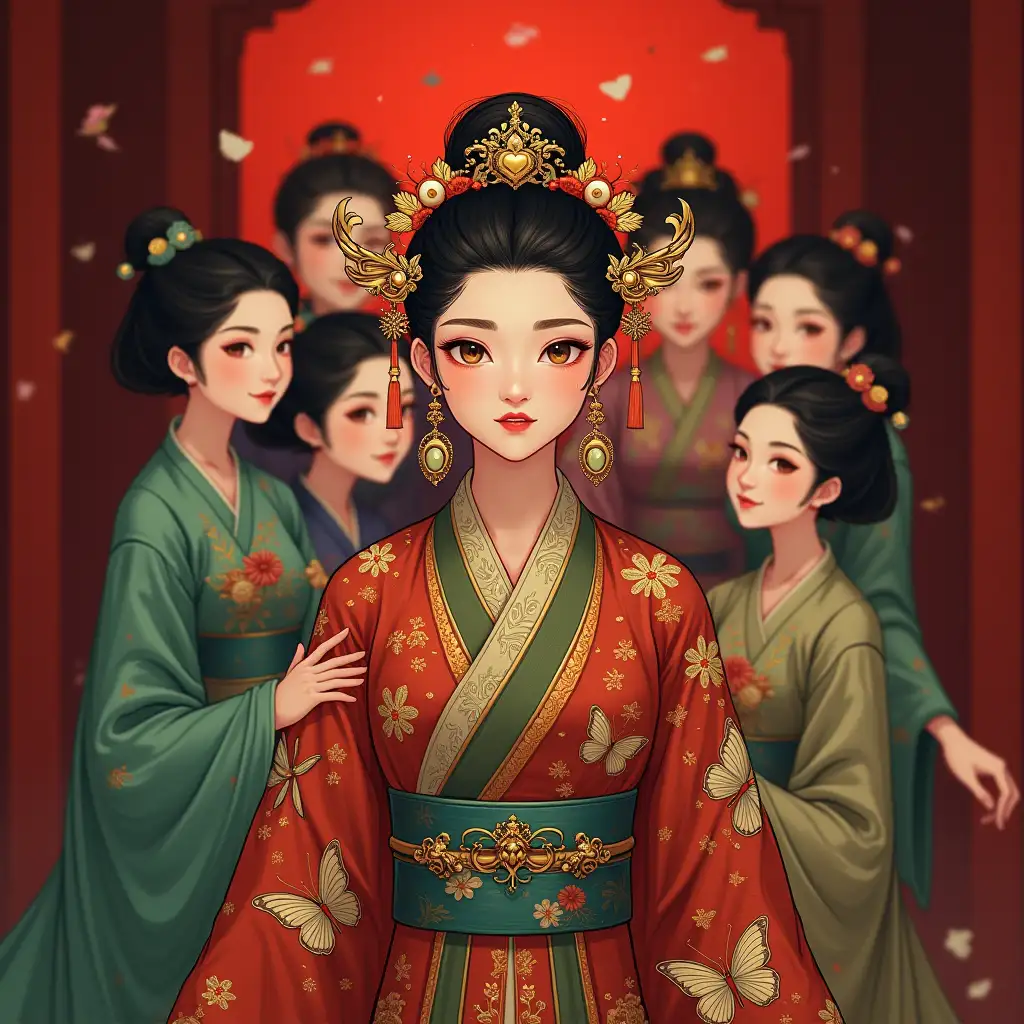 user_prompt: Dream of the Red Chamber, suddenly a group of wives and maidservants surround and support a person coming in from the back room. This person's attire is different from the other girls, resplendent in colors, as if a fairy or celestial being: on the head is an elaborate golden hairpin with eight precious jade ornaments intertwined; on the neck are gold phoenix-shaped pendants hanging from a sunny five-colored hairpin; at the waist is a green and luxurious palace silk sash, with two matching flower-like ornaments; on the body is a red brocade robe adorned with golden butterflies fluttering among flowers, covered by a colorful embroidered silk cloak; beneath are emerald-green flowery garments. A pair of phoenix eyes with three sections, eyebrows resembling two willow branches drooping at the ends, slender figure, elegant and charming demeanor, fair complexion hiding a gentle fierceness, crimson lips unsmiling yet radiating a sense of joy.