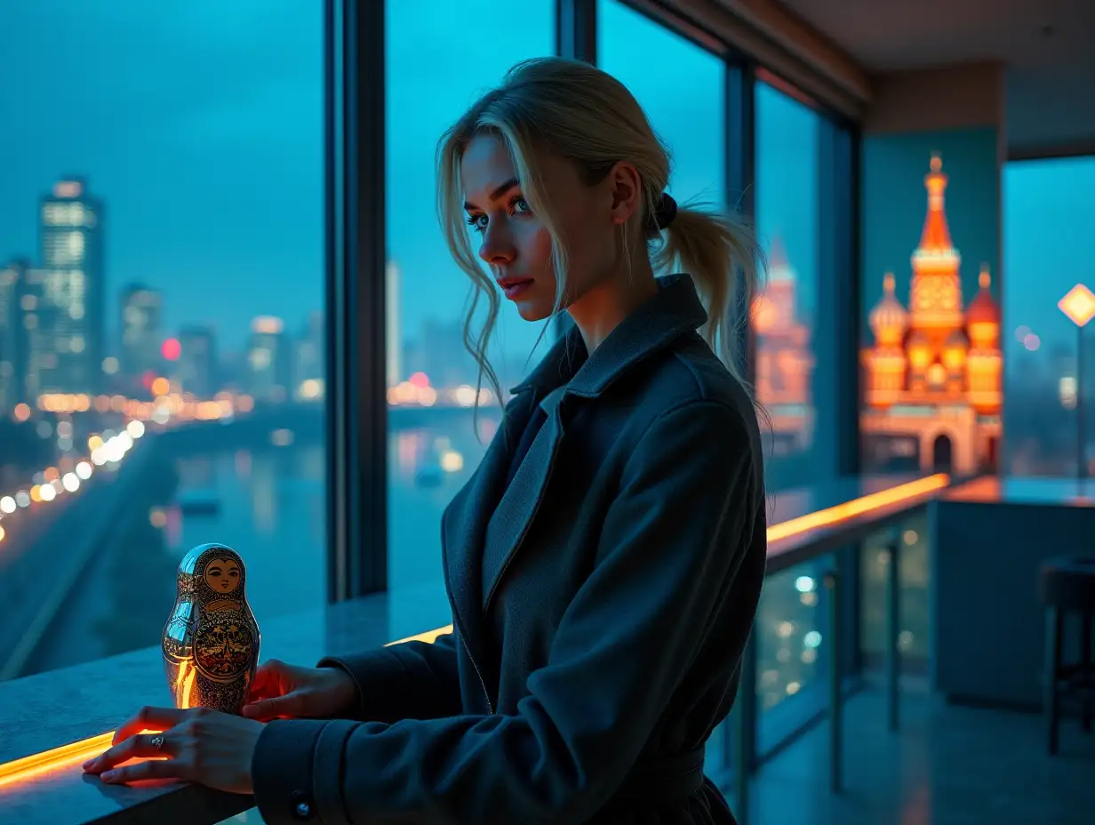 Ultra-modern cinematic portrait of the same blue-eyed blonde woman, standing in a sleek, minimalist loft apartment in Moscow at night. The space blends futuristic design with subtle Russian motifs: floor-to-ceiling windows reveal a panoramic view of the Moskva River and glowing skyscrapers, while a vintage samovar sits on a neon-lit glass table. She wears a tailored charcoal-gray trench coat, her hair perfectly styled yet slightly tousled by the wind from an open balcony. No phone—her hands rest on a polished concrete railing, clutching a single matryoshka doll reimagined in cyberpunk chrome. Lighting: Cold blue cityscape hues clash with warm amber accents from hidden LED strips, casting geometric shadows on her face. Key details: A holographic double-headed eagle emblem floats near the ceiling, a St. Basil’s Cathedral silhouette glows as digital art on a transparent screen, and her reflection fragments in a diamond-patterned mirror wall. Style: Neo-futurism meets Slavic elegance, with hyper-real textures—glossy marble, brushed metal, and the fabric's sharp folds. Add motion blur to the city lights outside, as if time is rushing past her stillness