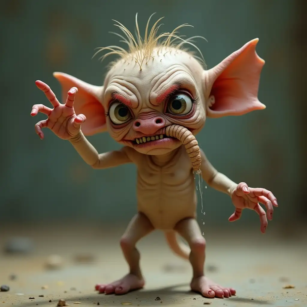 A small thin hunched creature waves its arms while limping, its left eye drooping under a bristly red eyebrow, sometimes blinking, while the right is hidden under a massive wart. Its cracked lips reveal uneven, chipped teeth, one of which juts out like an elephant's tusk. The camera sees a mix of anger, surprise, and sadness on its face; in this expression, it says something, sporadically spraying saliva from its mouth.