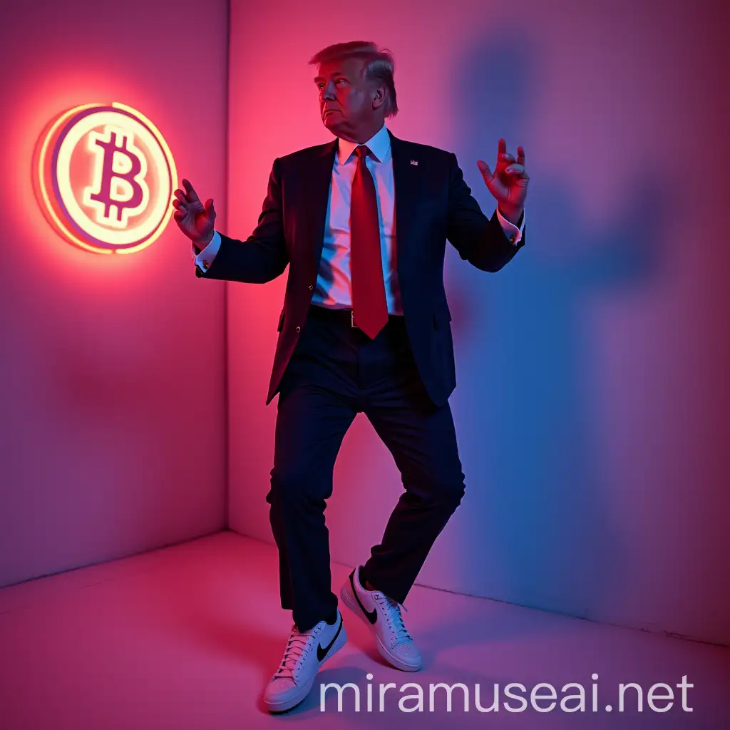 Dancing Donald Trump Holding Bitcoin in a Neon Room