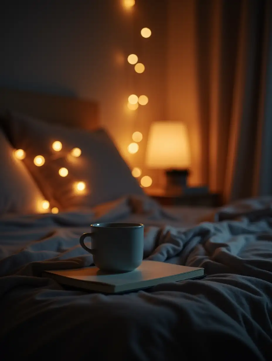 Cozy-University-Student-Bedroom-at-Night-with-Fairy-Lights-and-Warm-Atmosphere