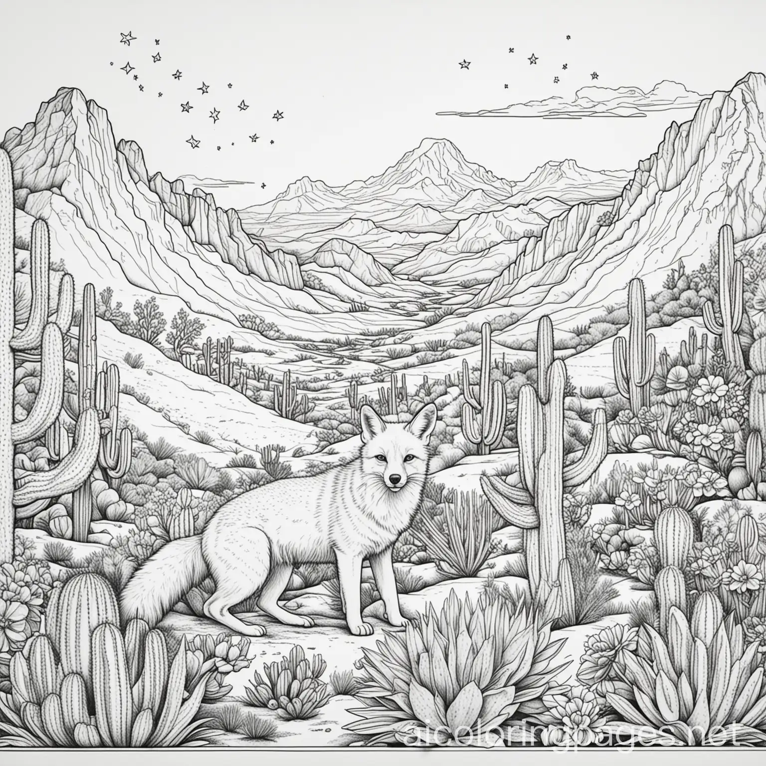 mountains, stars, desert,fox, rabbits eating flowers from a cactus, Coloring Page, black and white, line art, white background, Simplicity, Ample White Space, Coloring Page, black and white, line art, white background, Simplicity, Ample White Space. The background of the coloring page is plain white to make it easy for young children to color within the lines. The outlines of all the subjects are easy to distinguish, making it simple for kids to color without too much difficulty