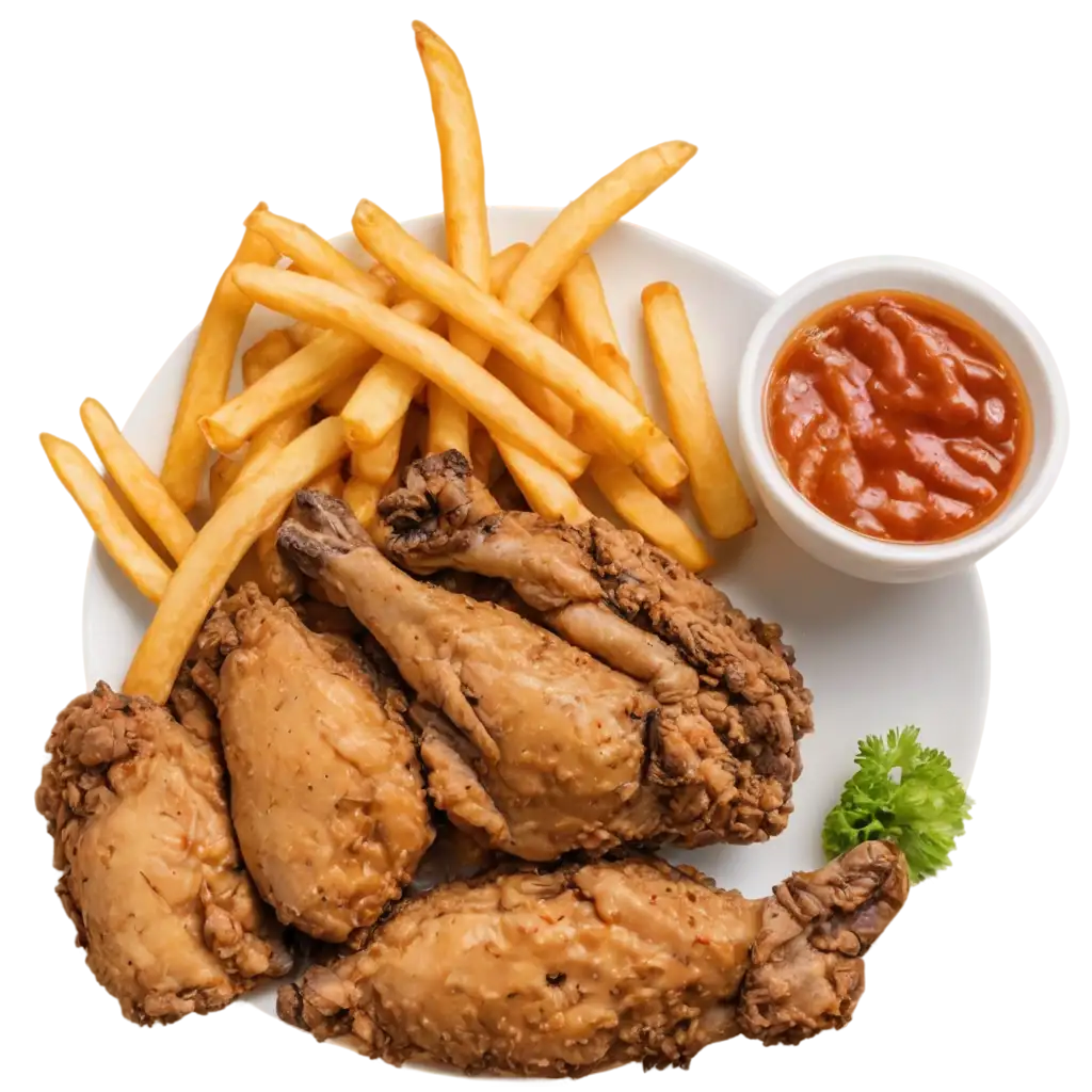 Chichen-Leg-Fry-with-French-Fries-on-White-Plate-High-Quality-PNG-Image-for-Culinary-Visuals