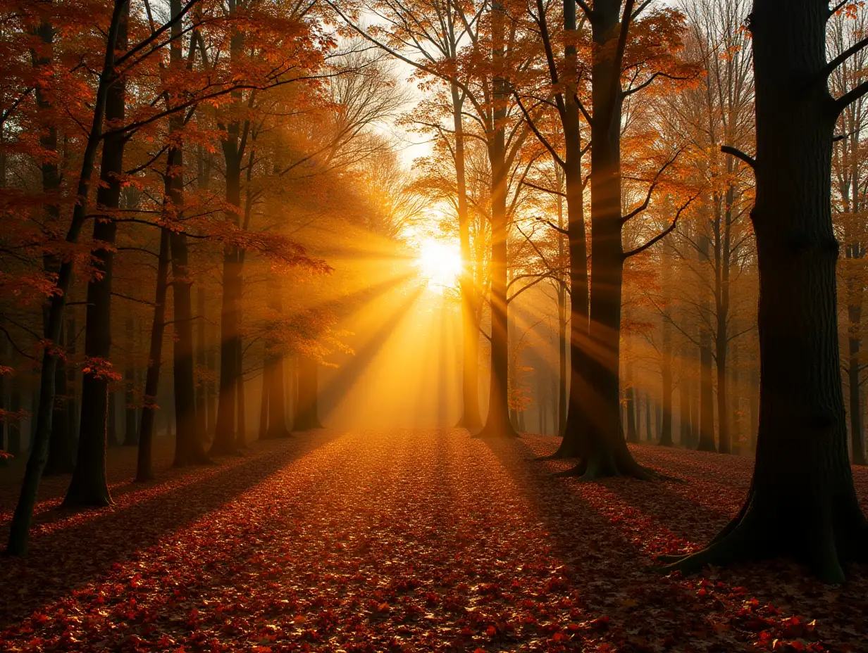 Sun rays through autumn trees. Natural autumn landscape in the forest. Autumn forest and sun as a background. Autumn landscape - image