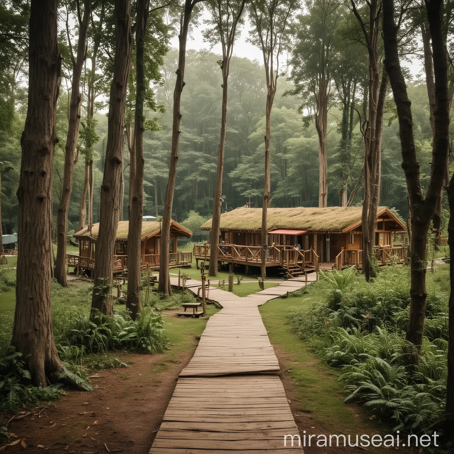 Wooden Tourist Lodge Surrounded by Lush Forest with Visitors Relaxing