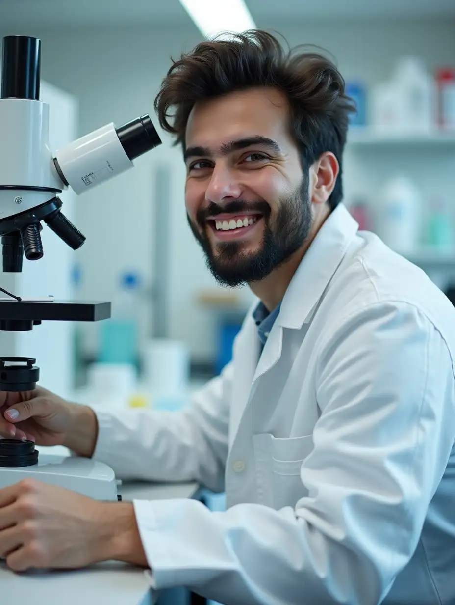 A young Iranian man with a beard and a smiling face looks this way while sitting in a laboratory room in front of a microscope and wearing a lab coat.