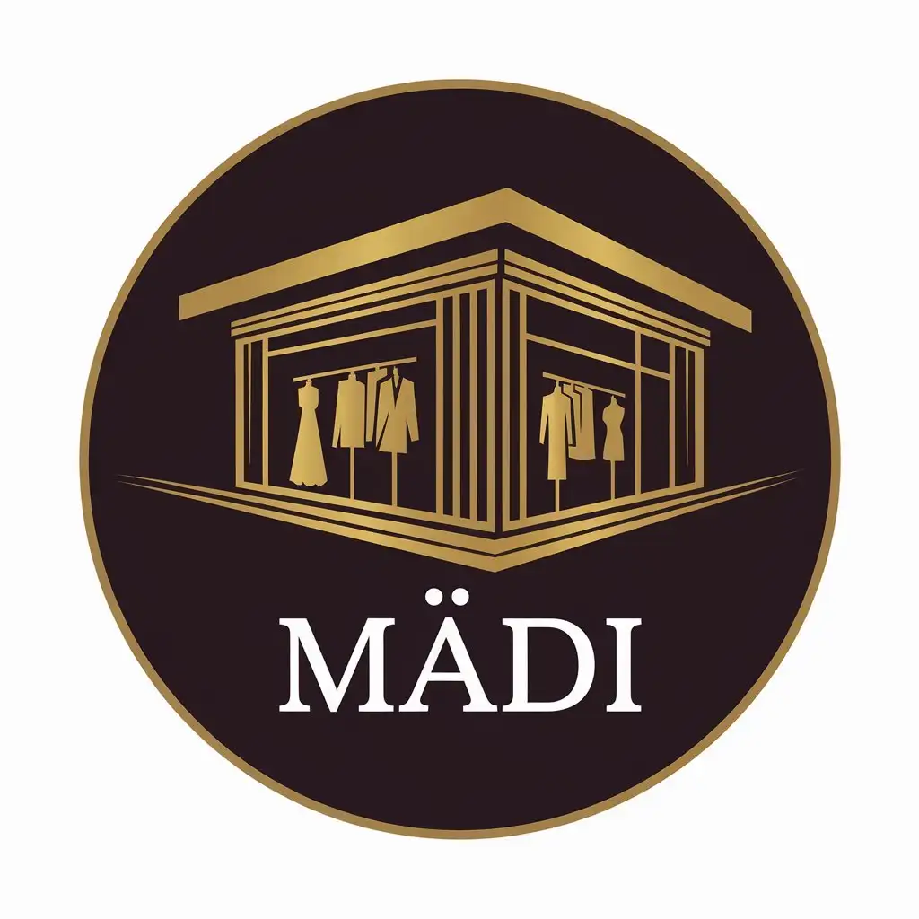 a vector logo design,with the text "MADI", main symbol:A clothing store in modern style on a dark gold background on a round background,Moderate,clear background