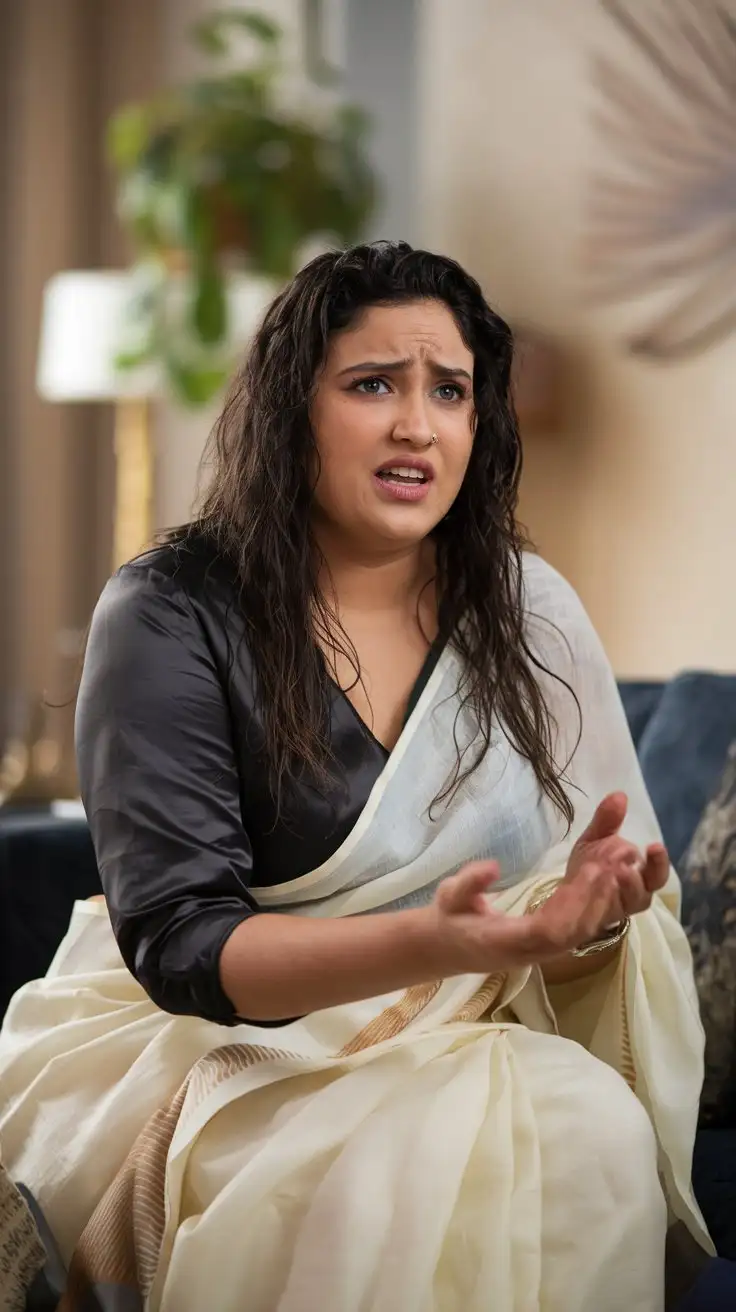 Beautiful 32 years old curvy wet Indian women wearing silk black blouse and white saree with sitting on sofa  and talking so anxiously