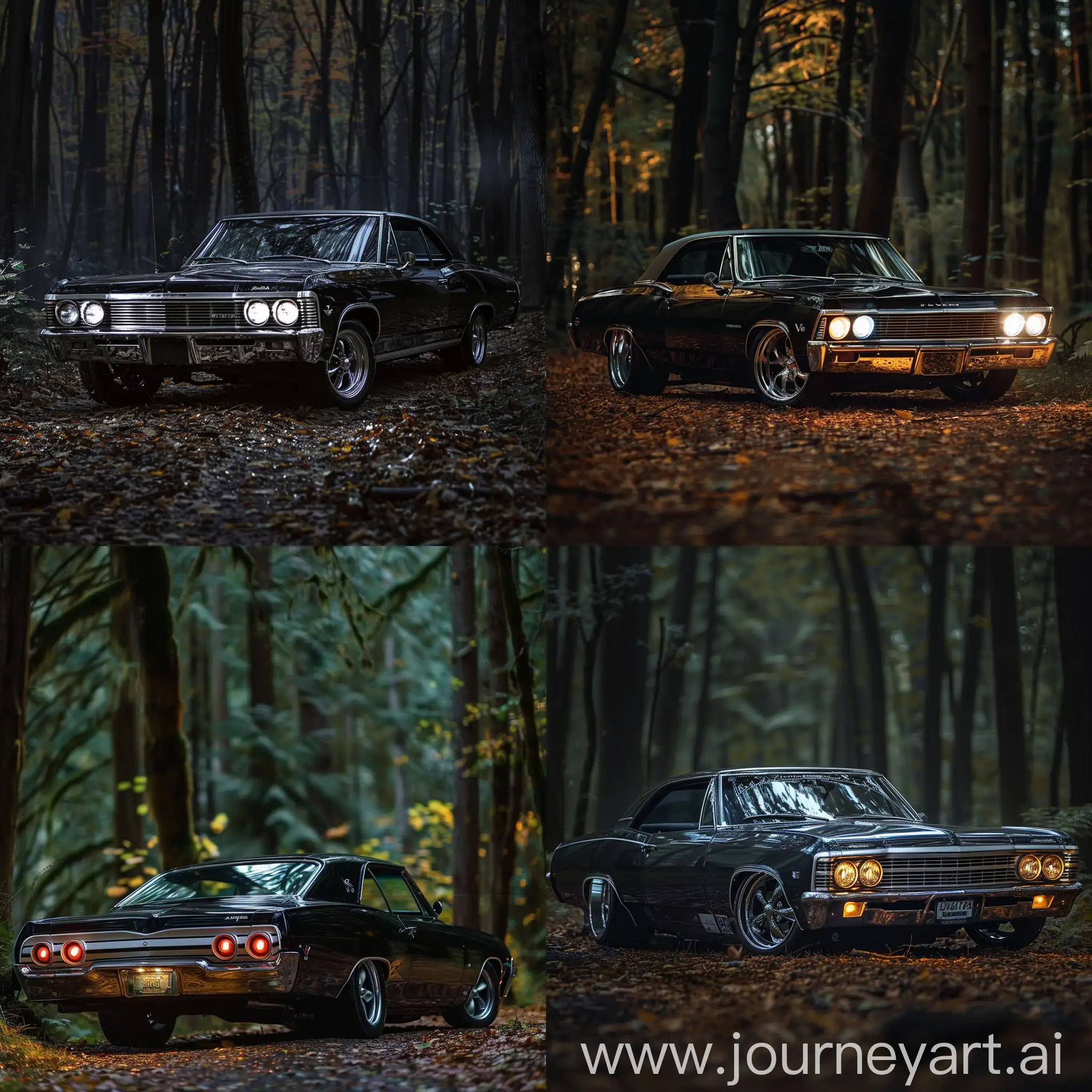 1967-Chevrolet-Impala-Hardtop-Sedan-in-Black-with-Chrome-Rims-in-a-Nighttime-Forest