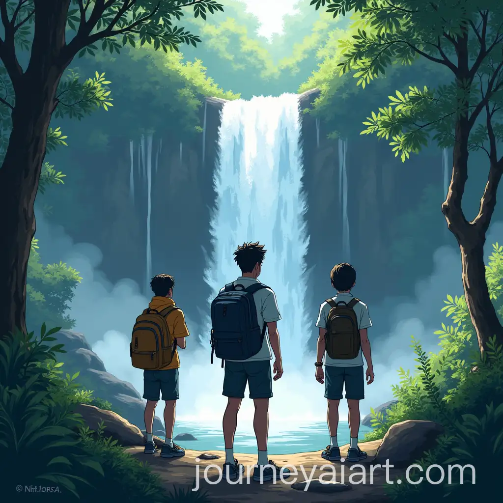 Three-Adventurers-Trekking-in-Forest-Near-Waterfall-in-Anime-Style