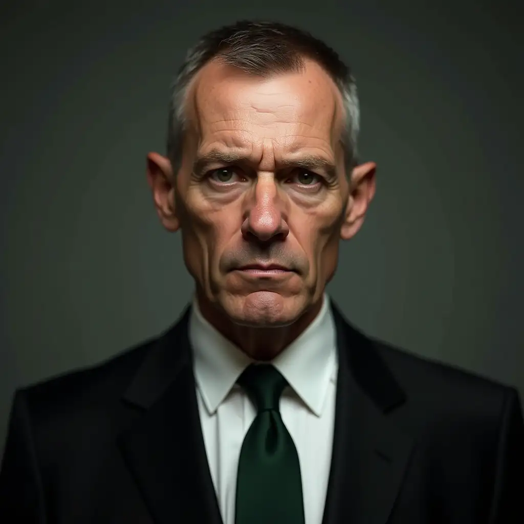 Photorealistic Portrait of Serious MiddleAged Man in Black Suit and Green Tie