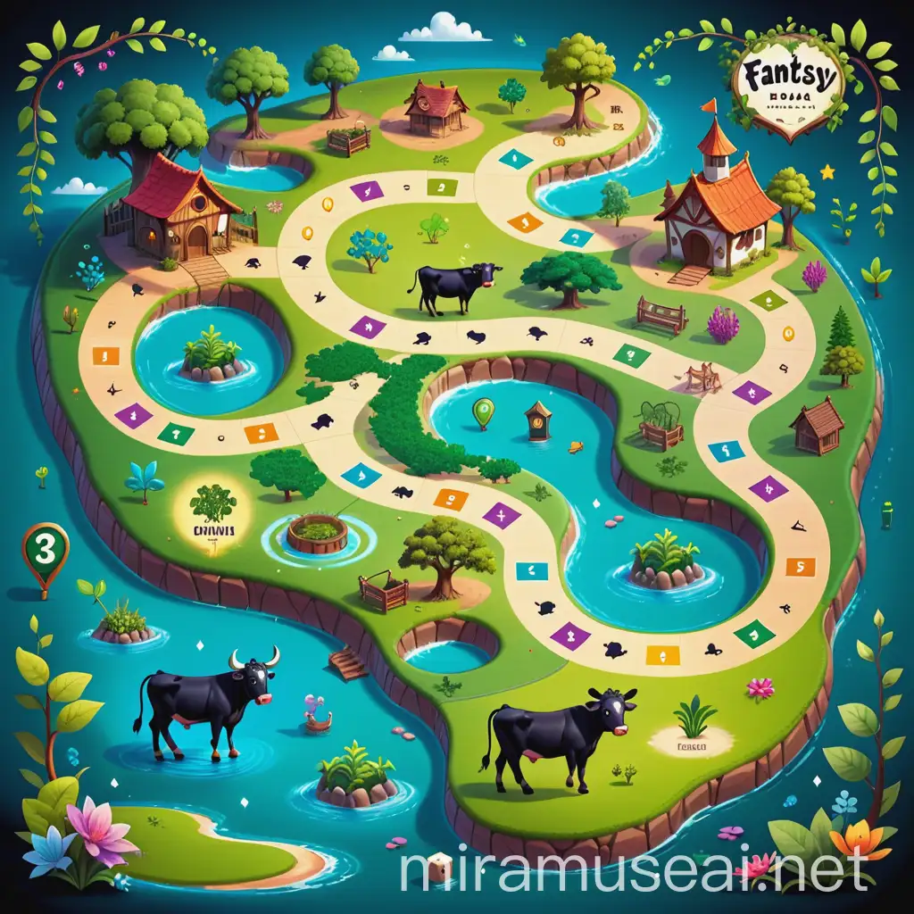 Whimsical Fantasy Board Game Map with Cartoon Style and Adventure Theme