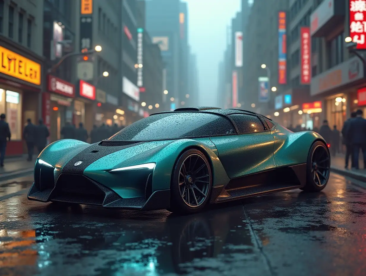 A small futuristic car stands on a street sideview Cyberpunk