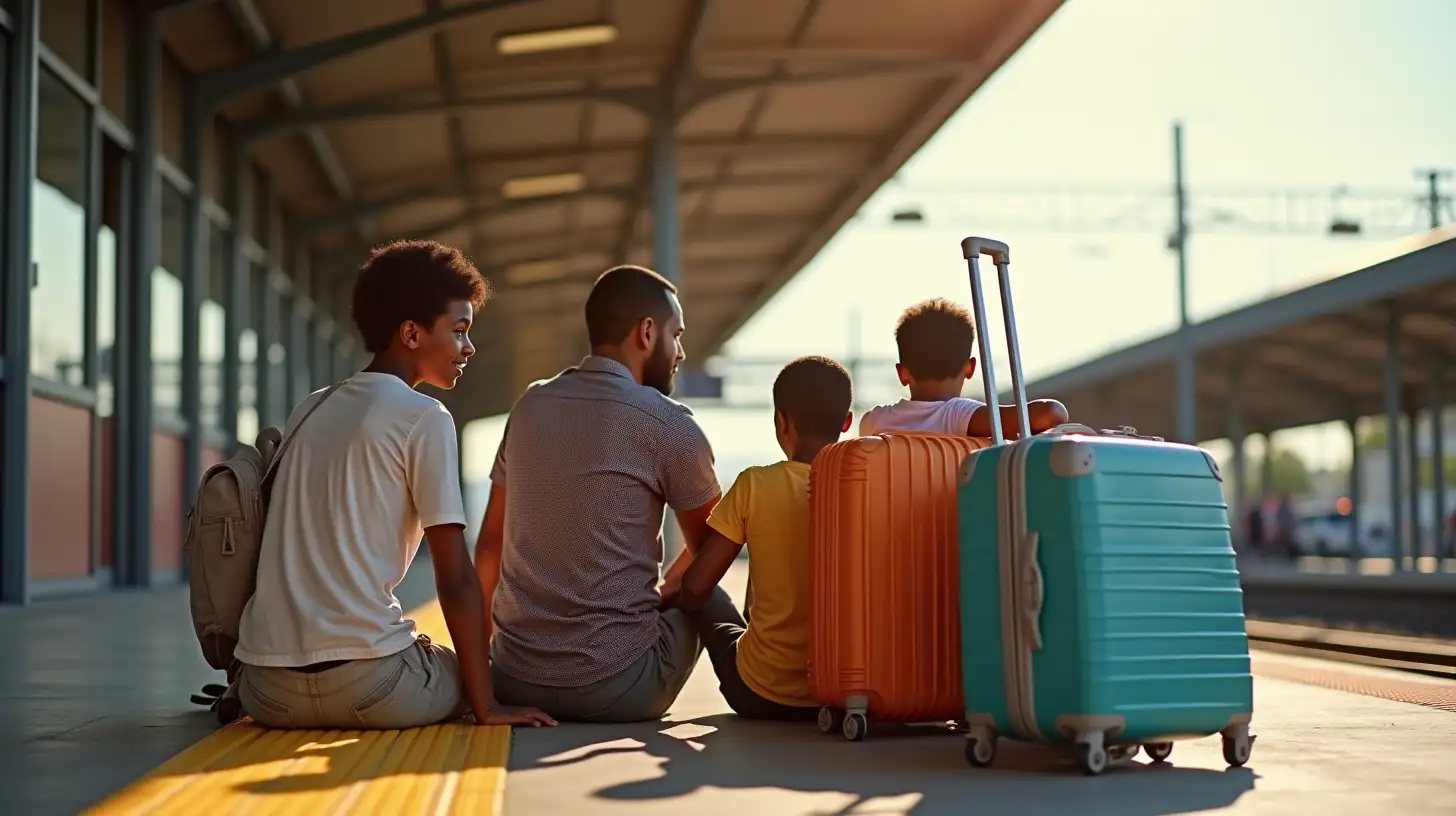 African Family Waiting with Luggage at Sunny Train Station