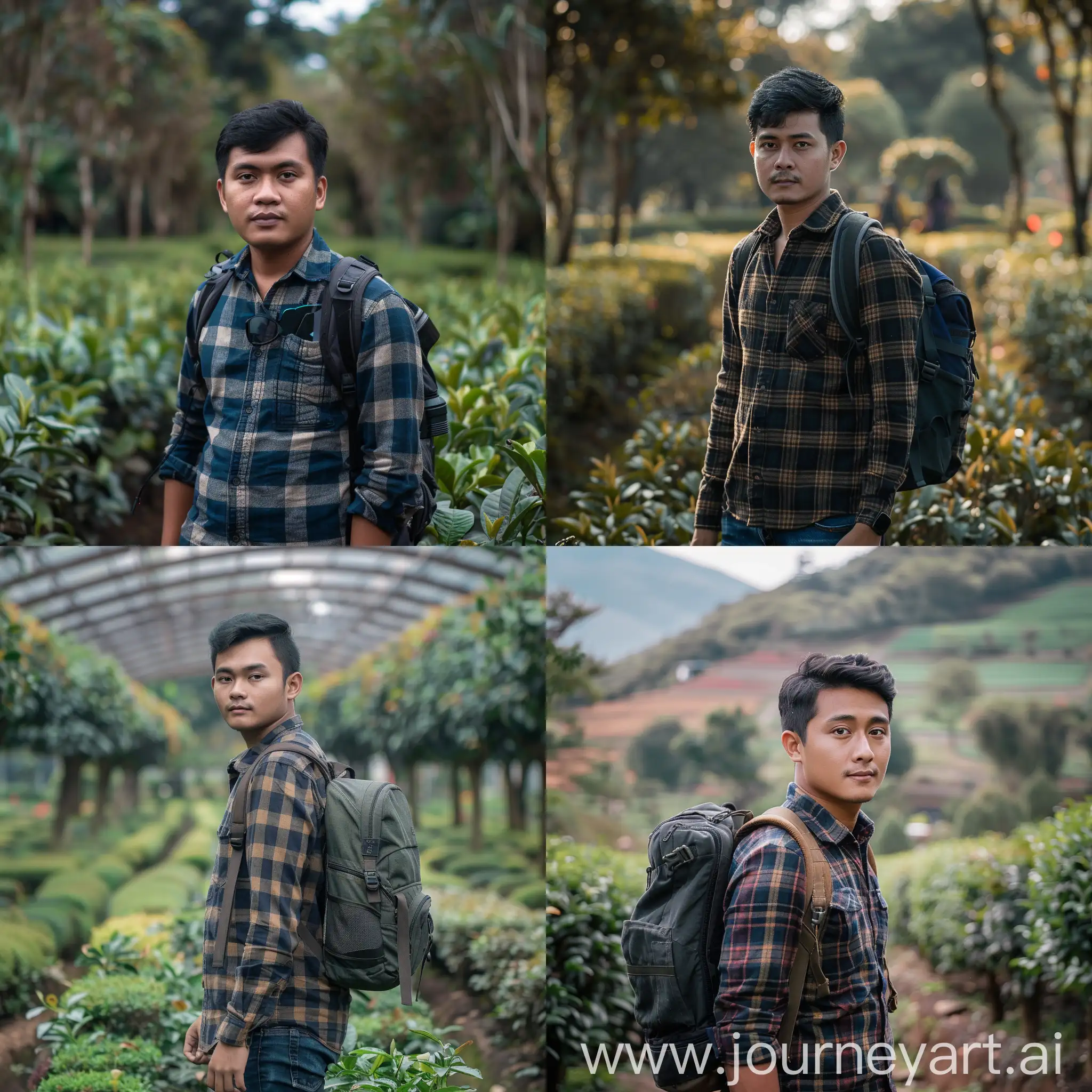 Young-Man-in-Black-Flannel-Shirt-and-Blue-Jeans-at-Tea-Garden