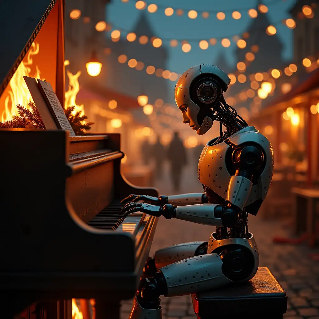 a robot sits at a piano on a burning Christmas market and plays until the keys burn