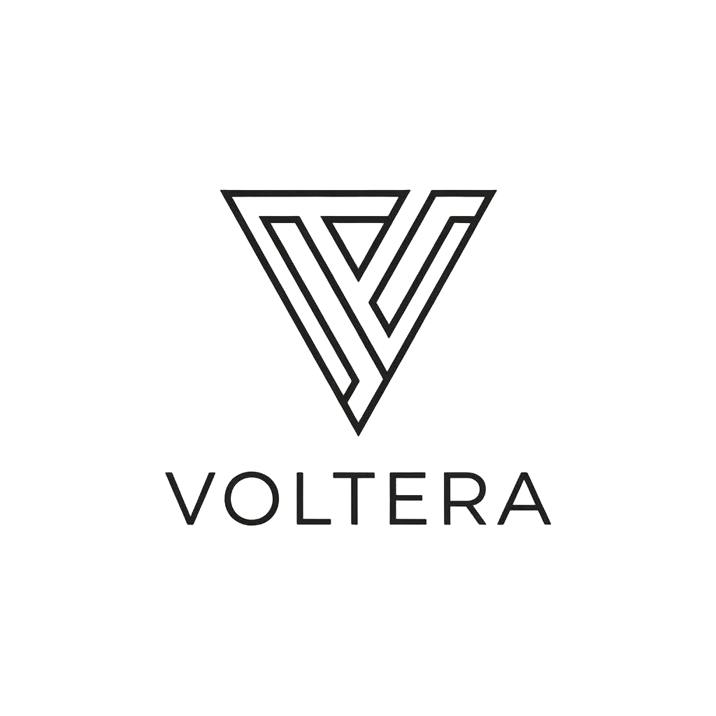 a vector logo design,with the text "Voltera", main symbol:V, triangle,Minimalistic,clear background