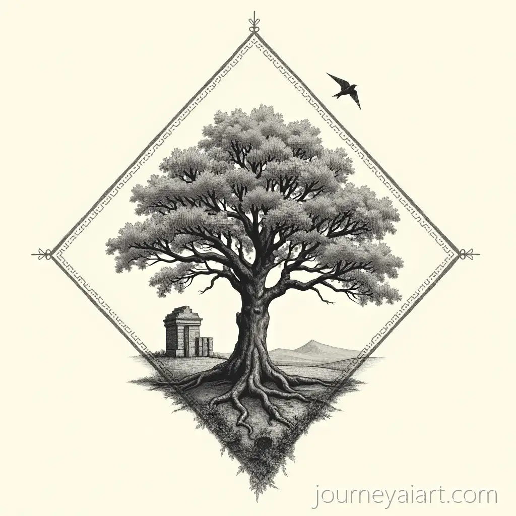 Realistic-Oak-Tree-with-Ancient-RuinsOak-tree-tattoo-design-and-Swallow-in-Fineline-Tattoo-Design