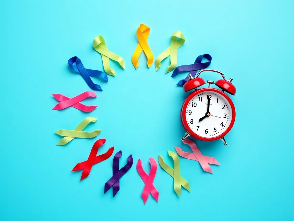 Circle of colorful awareness ribbons with alarm clock on blue background. World cancer day concept, February 4.