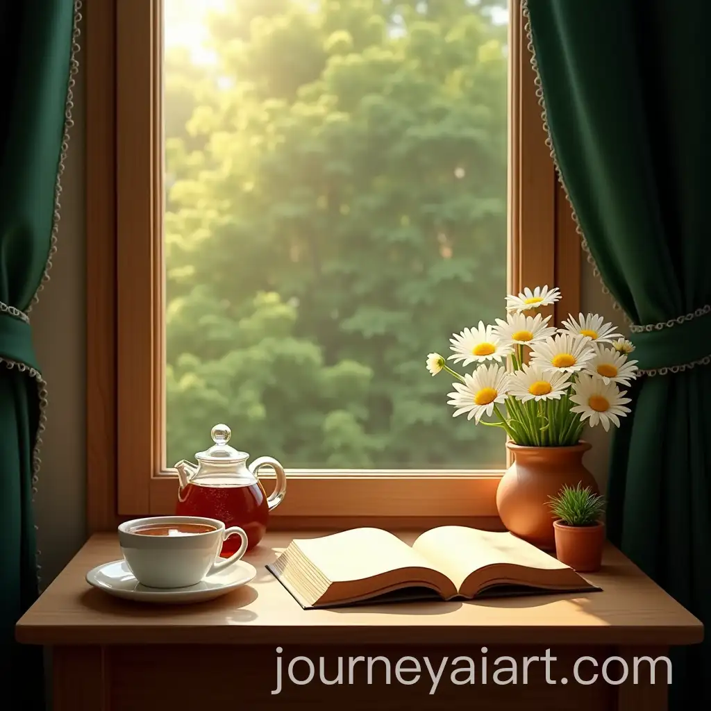 Cozy-Morning-Tea-on-aAI-Image-Prompt-Expansion-Wooden-Table-with-Daisies-and-a-Book