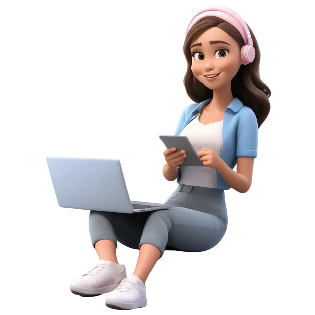 3D-Cartoon-Character-PNG-Image-Young-Woman-Using-Laptop-and-Smiling-Sitting-on-the-Floor