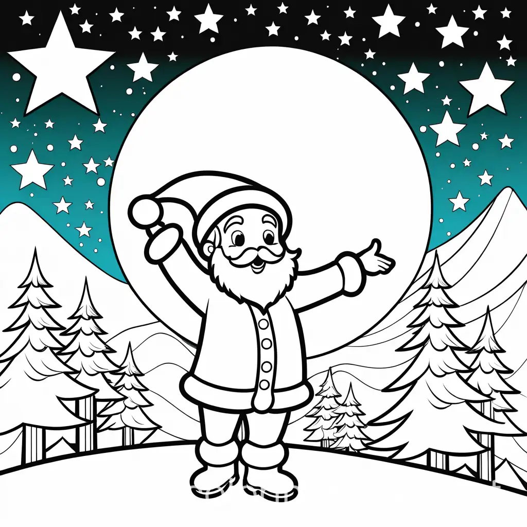 Slim-Santa-Claus-Pointing-to-a-Star-Coloring-Page-for-Kids