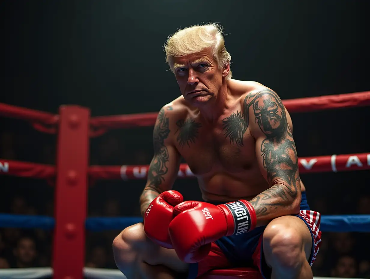 Donald-Trump-as-a-Boxer-in-the-Ring-with-USA-Trunks-and-Badass-Body-Tattoos-Waiting-for-Round-2