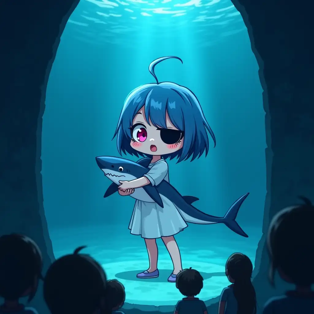 A cartoon illustration of a very young girl with blue hair and pink eyes standing underwater, illuminated by a single spotlight. The girl is wearing a white dress that appears blue due to the underwater lighting and is hugging a small shark that is slightly smaller than herself. She has a black eyepatch over one eye. In the foreground, there are shadows of observers on the glass. The style is caricatured and slightly eerie, using contrasting colors with a darker tone.