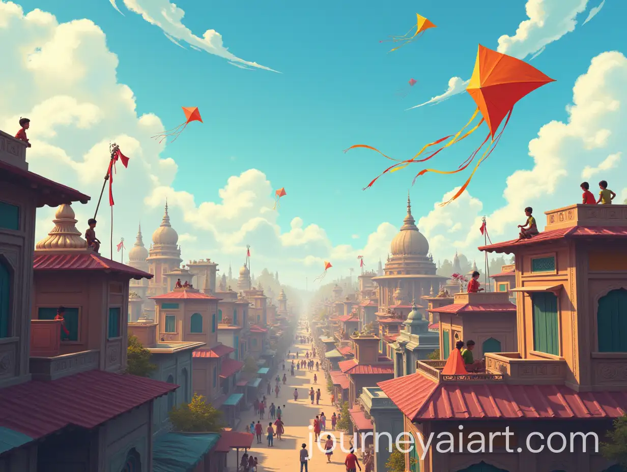 Indian-City-View-During-Kite-Festival-with-People-and-Children-Flying-Kites