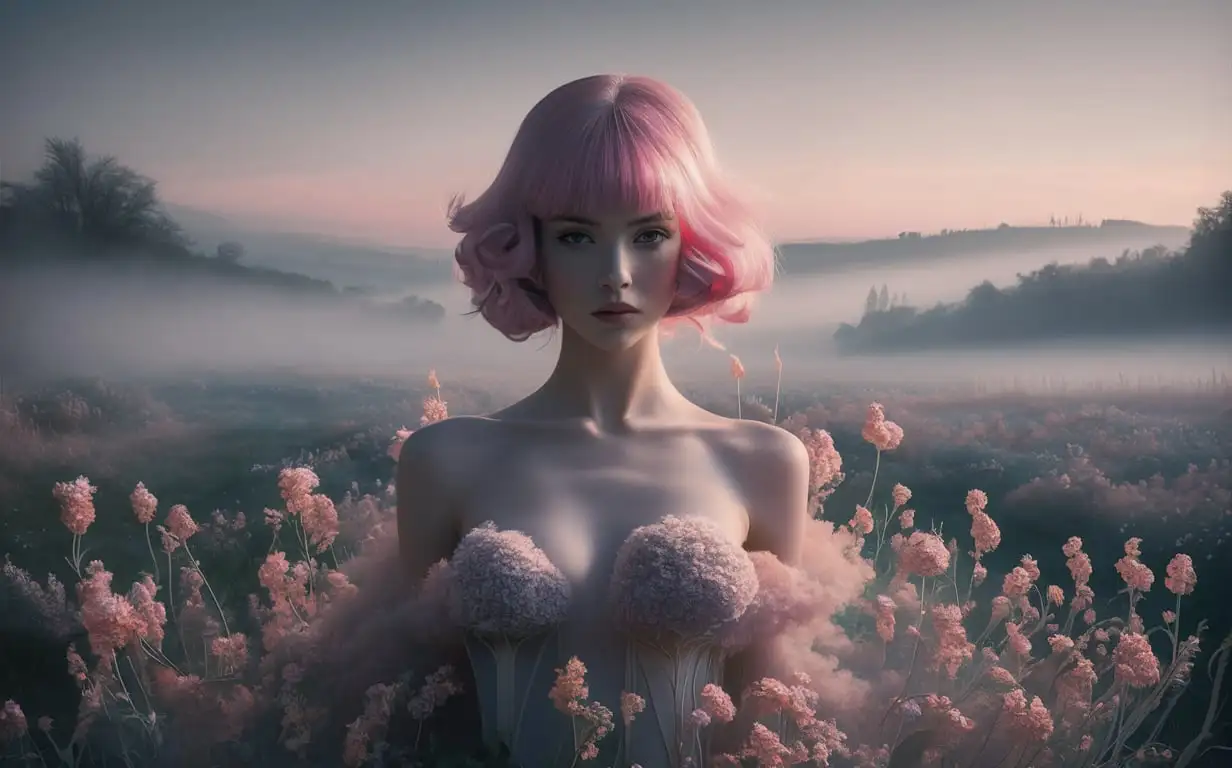 portrait of an model with pink hair, She is surrounded by delicate flowers in the fog-laden countryside at dawn. The style should be ethereal and dreamy, with soft lighting creating gentle shadows on her face. Her expression reflects mystery and elegance, adding to the overall surrealistic atmosphere