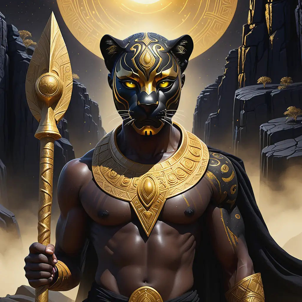 A grand African kingdom emerges from the mist, its towering black stone structures adorned with intricate gold carvings of ancient tribal symbols. In the center, a golden river glows softly, winding through the obsidian landscape like veins of life, reflecting the light of a massive golden eclipse in the sky.nnAtop a raised plateau, a regal warrior king, draped in a flowing black robe lined with gold embroidery, stands with his golden staff planted into the ground. His gold-plated mask gleams under the celestial light, hiding his face but revealing glowing golden eyes.nnSurrounding him, massive black panthers with golden tribal markings prowl silently, their fur shimmering with an ethereal glow. The air is filled with floating golden dust particles, swirling like an unseen force is guiding them. In the background, jagged mountain peaks, glowing with molten gold veins, pierce the dark sky, hinting at a hidden power beneath the surface.nnThe typography for the album title is engraved into the scene itself, seamlessly blending into the ancient stone walls, glowing faintly as if whispering the kingdom’s lost stories. The overall aesthetic is regal, mysterious, and deeply mythical, blending African tradition with an otherworldly energy, making it feel like a forgotten legend brought to life.