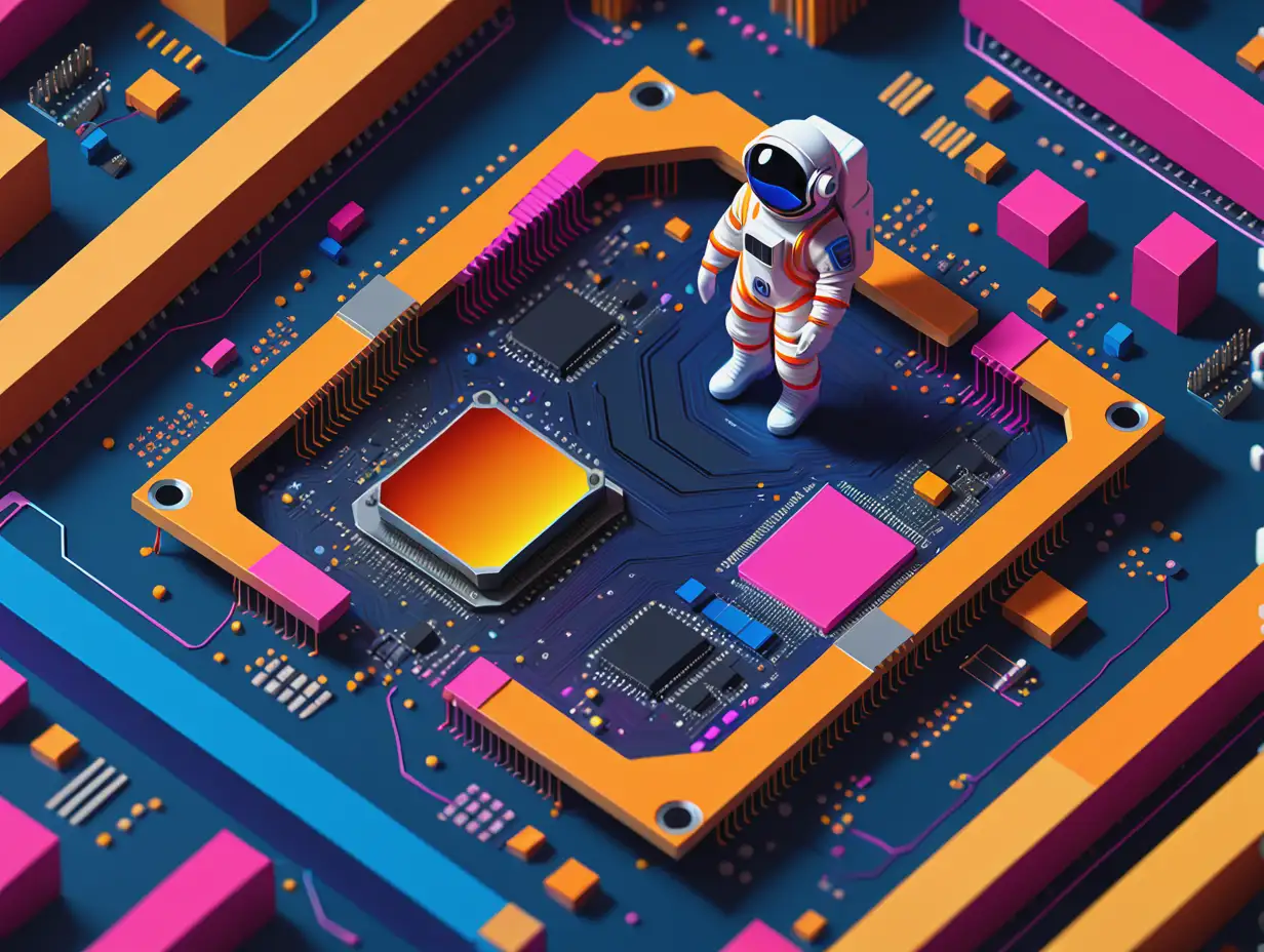 Generate a top-down colourful abstract illustration of a GPU architecture, use orange, blue, yellow, and hot pink as colors. Add a tiny little astronaut explorer that looks to be walking in between the chip components and wiring.