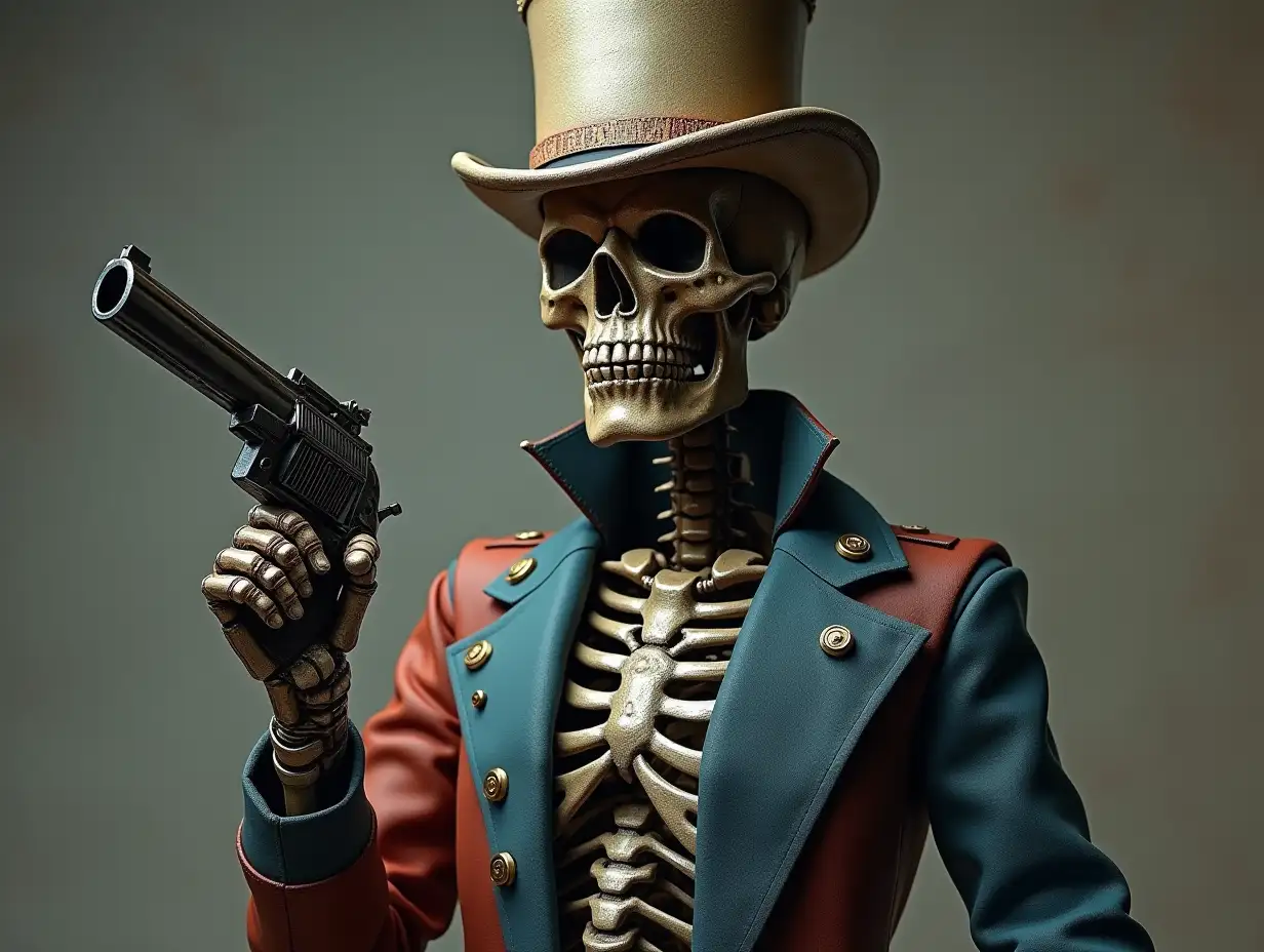 Create a high-resolution, realistic image of a robot, that has a skeleton body, porcelain hands and head, a fashionable tracksuit, a Steampunk top hat and a pistol in 4K resolution (Steampunk 8K quality)