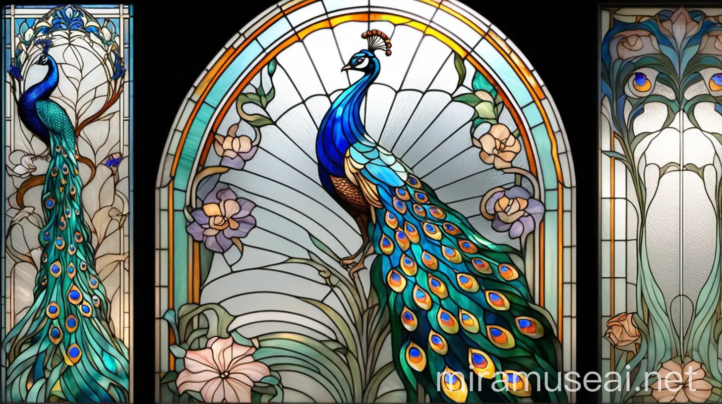 Art Nouveau Stained Glass Door with Abstract Lines and Floral Ornaments Featuring a FairyTale Peacock