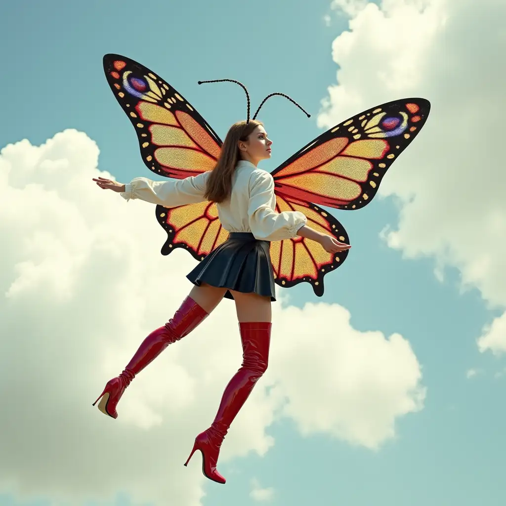 A photo of a modern fairy with long moth antennae. She is wearing a white blouse, a black patent leather miniskirt with golden patterns, and red patent latex stiletto thigh-high boots with pointed toes and golden patterns. She is flying in the sky between the clouds with gigantic, large, shiny, iridescent, sparkling, multicolored, peacock patterned butterfly wings. Stiletto high heels is view side.